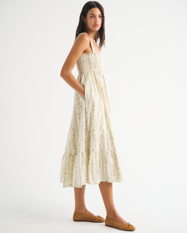 A&F Sydney Smocked Convertible Midi Dress-Yellow