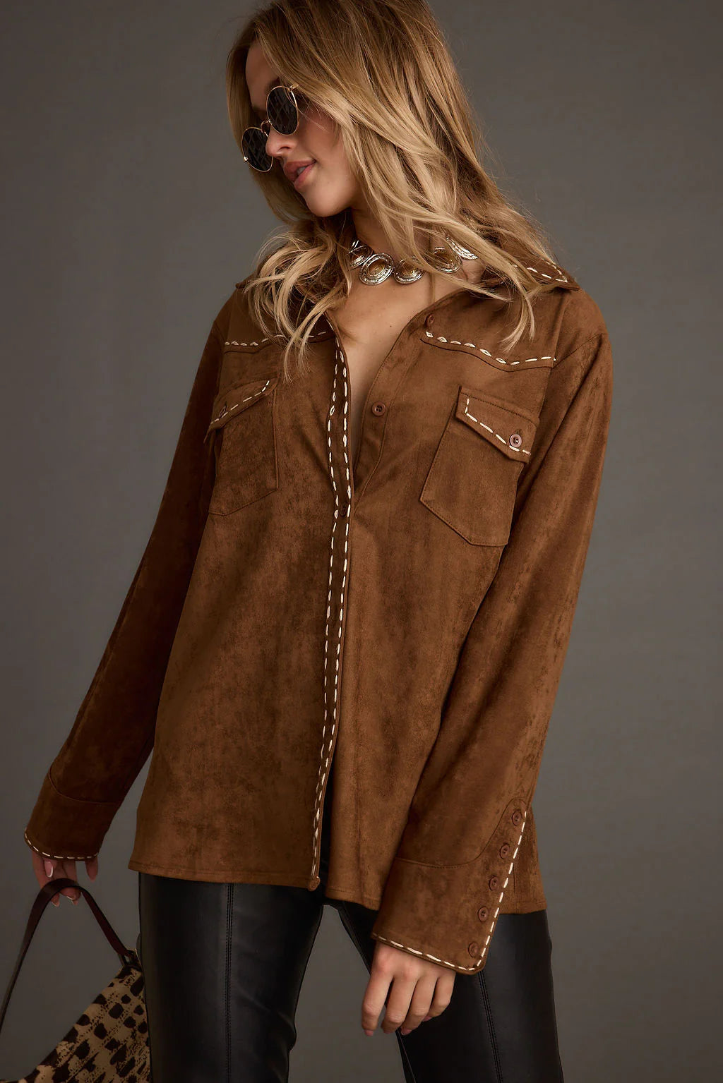 Rustic Pines Brown Suede Button Down Top