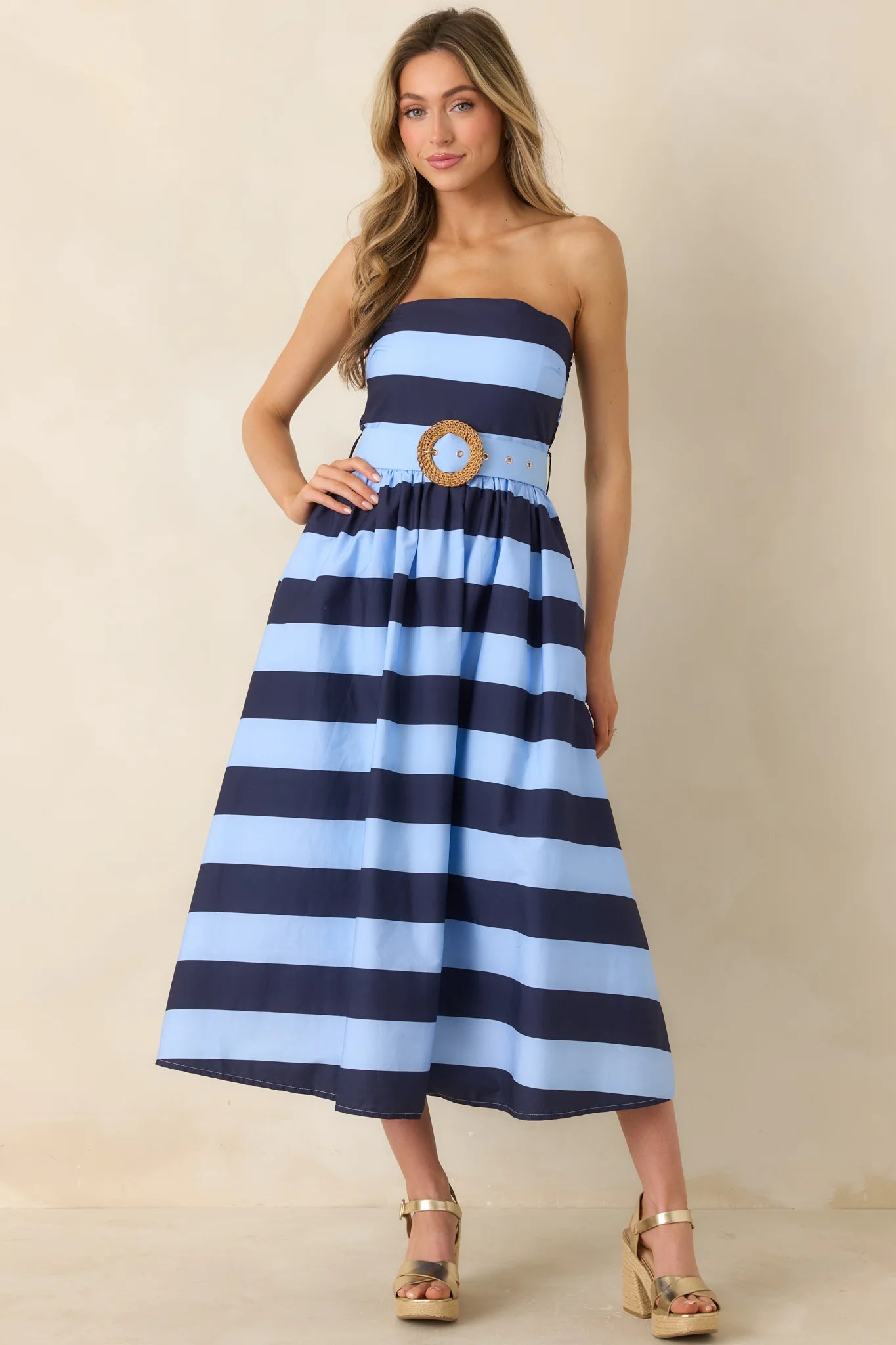 The Amanda Navy & Light Blue Stripe Cotton Strapless Midi Dress