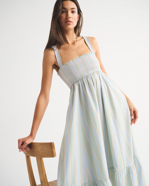 A&F Sydney Smocked Convertible Midi Dress-Light Sage Stripe