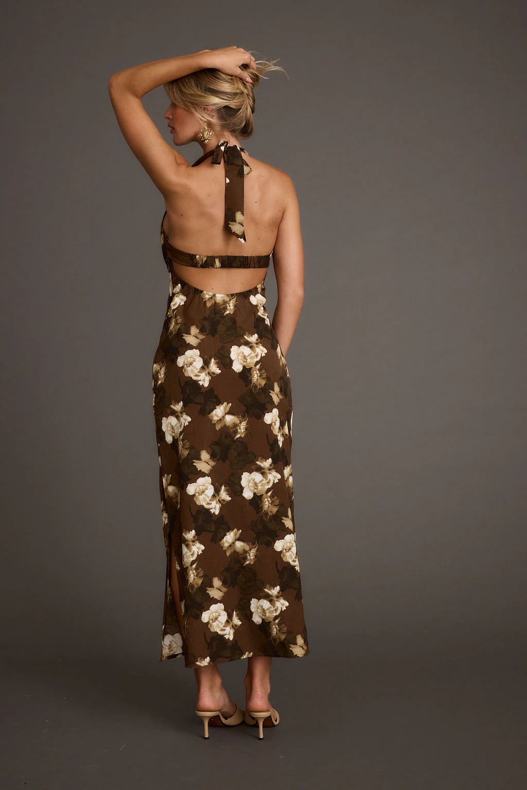 Audrina Brown Floral Halter Maxi Dress