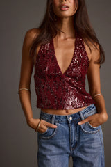 Selena Mulberry Sequin Halter Top