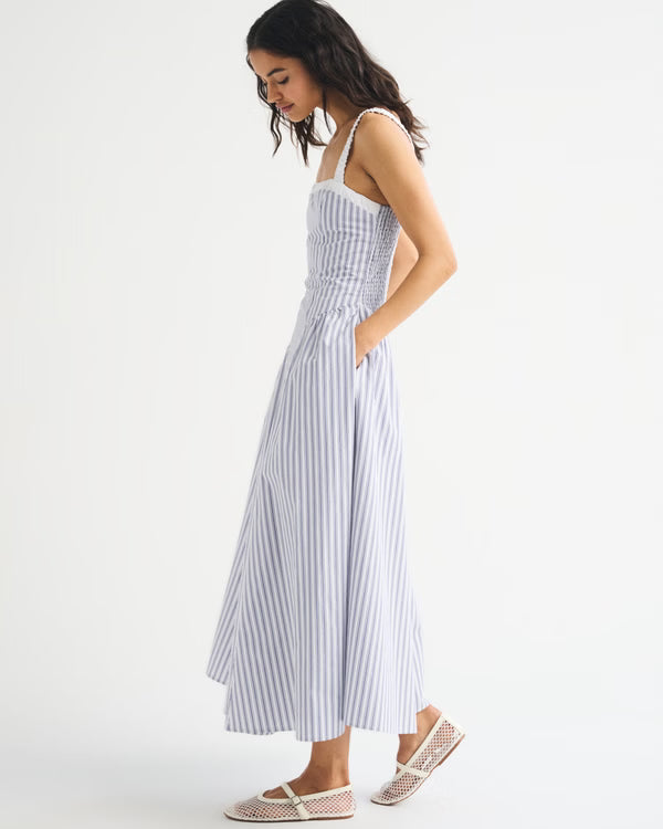 100% Cotton Ruched Neckline Dipped Waist Midi Dress