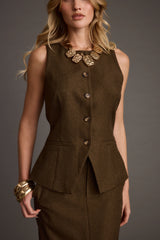 Tory Mocha Twill Button Front Sleeveless Top