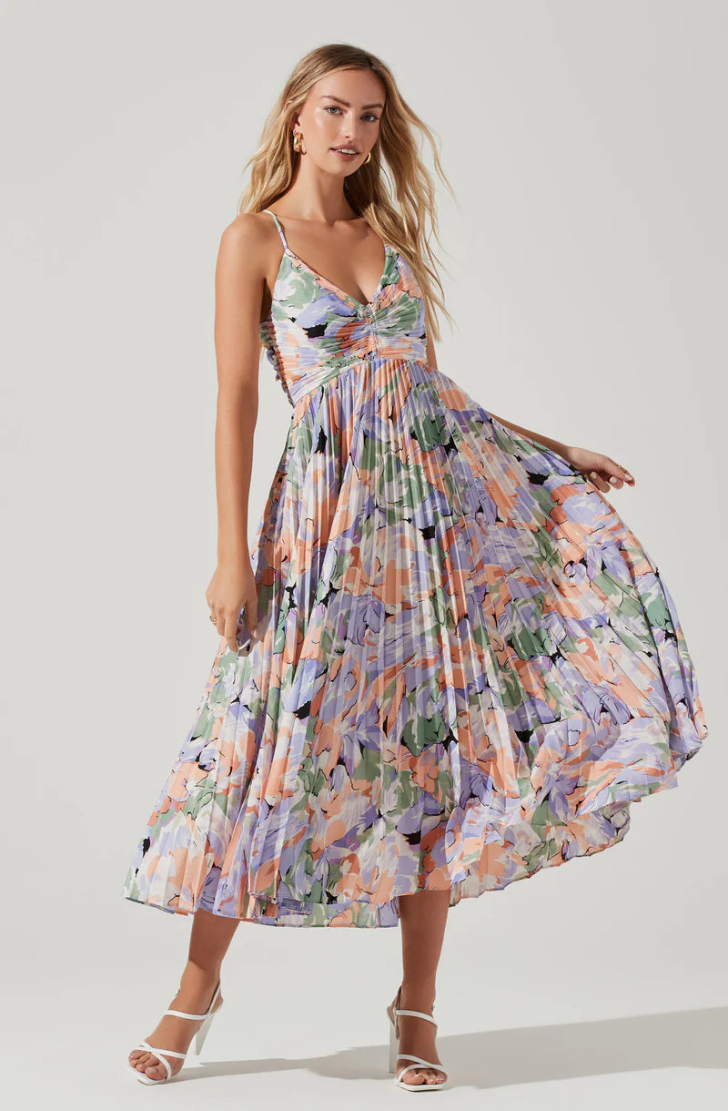 Blythe Floral Plisse Midi Dress-Coral Multi