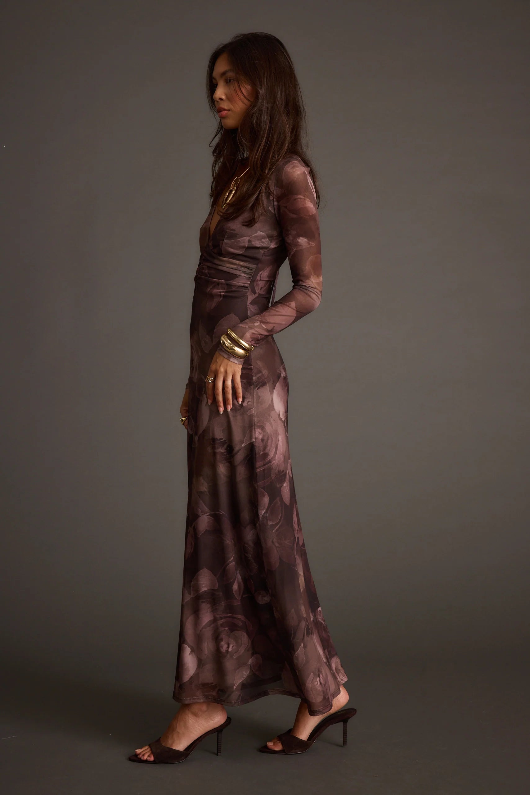 Kristin Plum Blur Mesh Maxi Dress