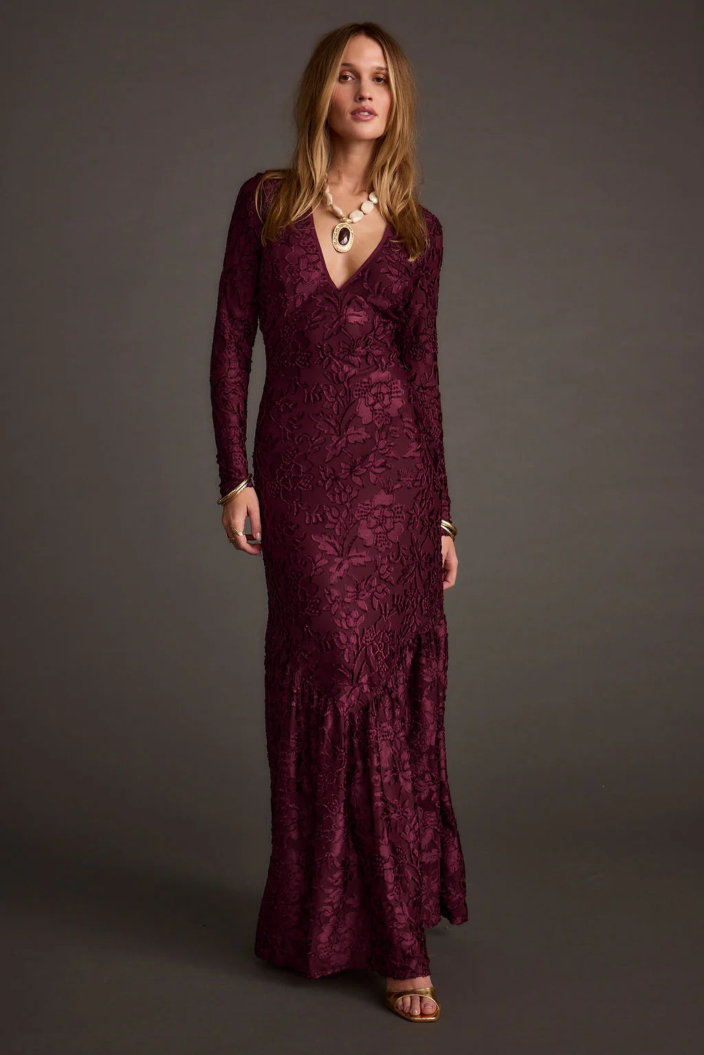 Angela Mulberry Velvet Burnout Long Sleeve Maxi Dress