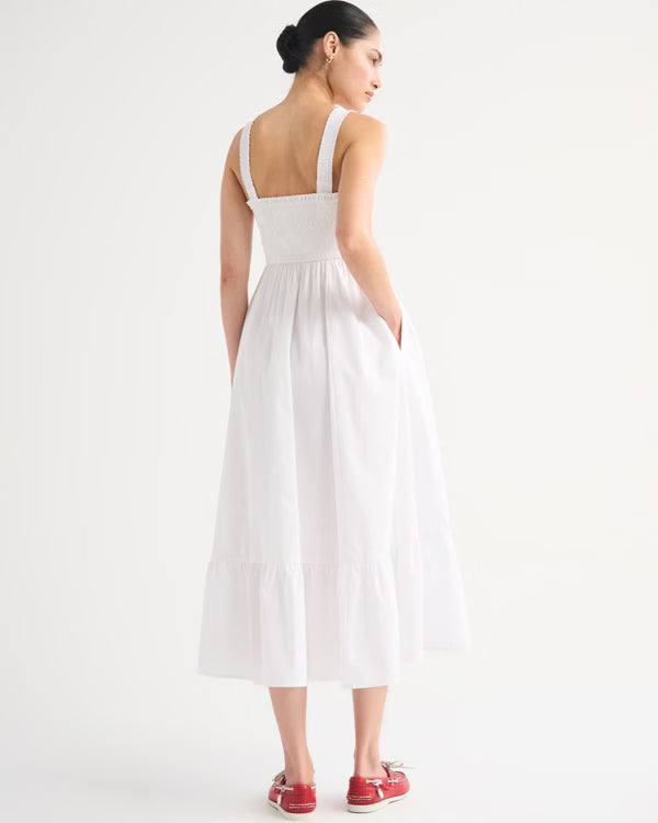 A&F Sydney Smocked Convertible Midi Dress-White