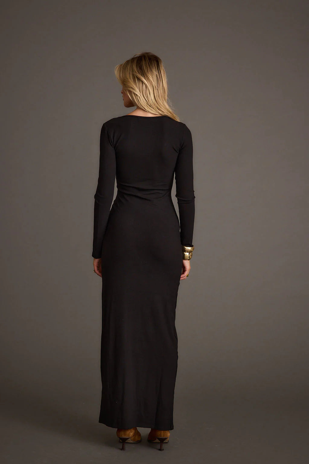 Gemma Black Long Sleeve Ribbed Maxi Dress