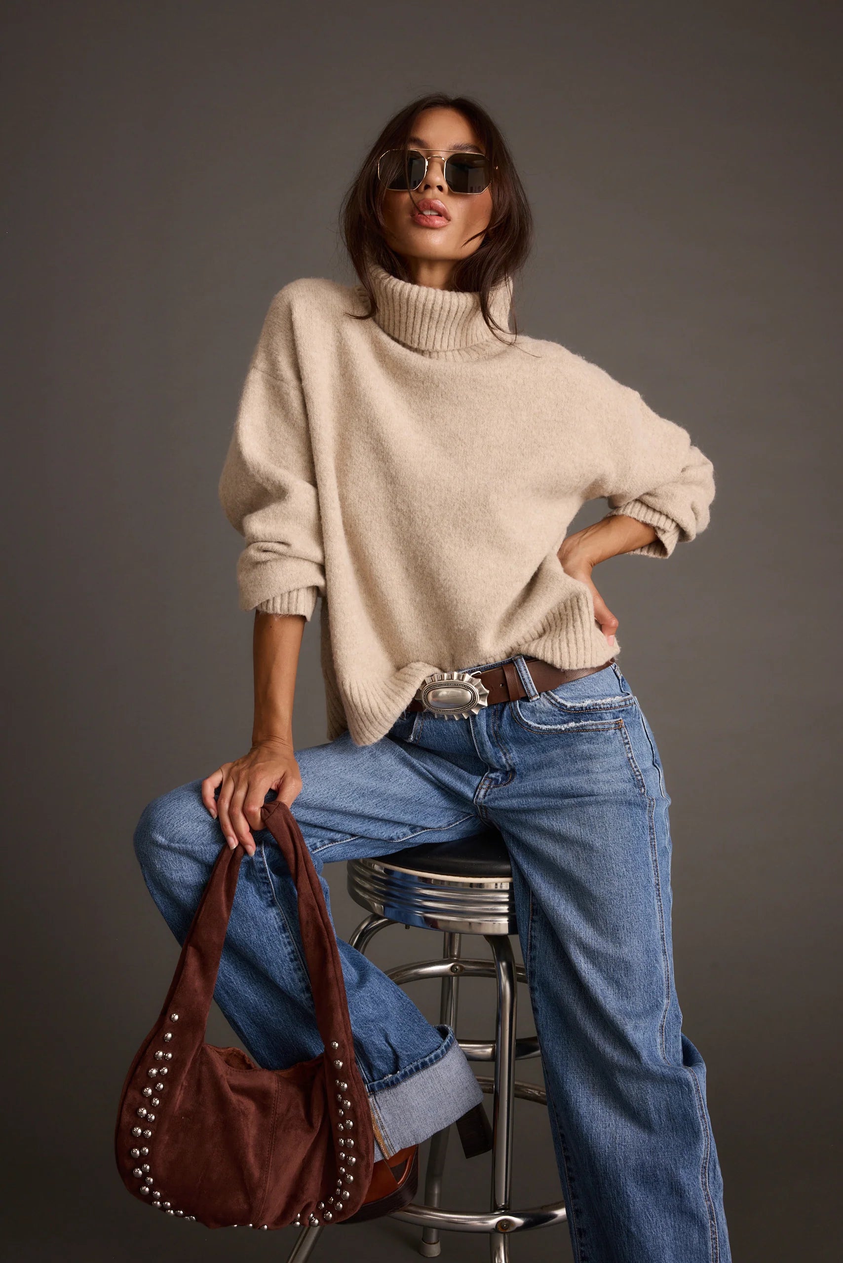 Cedar Oatmeal Oversized Sweater Turtleneck