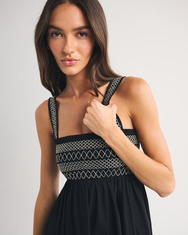 A&F Sydney Smocked Convertible Midi Dress-Black