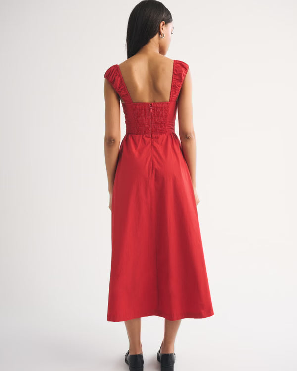 Bra-Free Cap Sleeve Dipped Waist Midi Dress