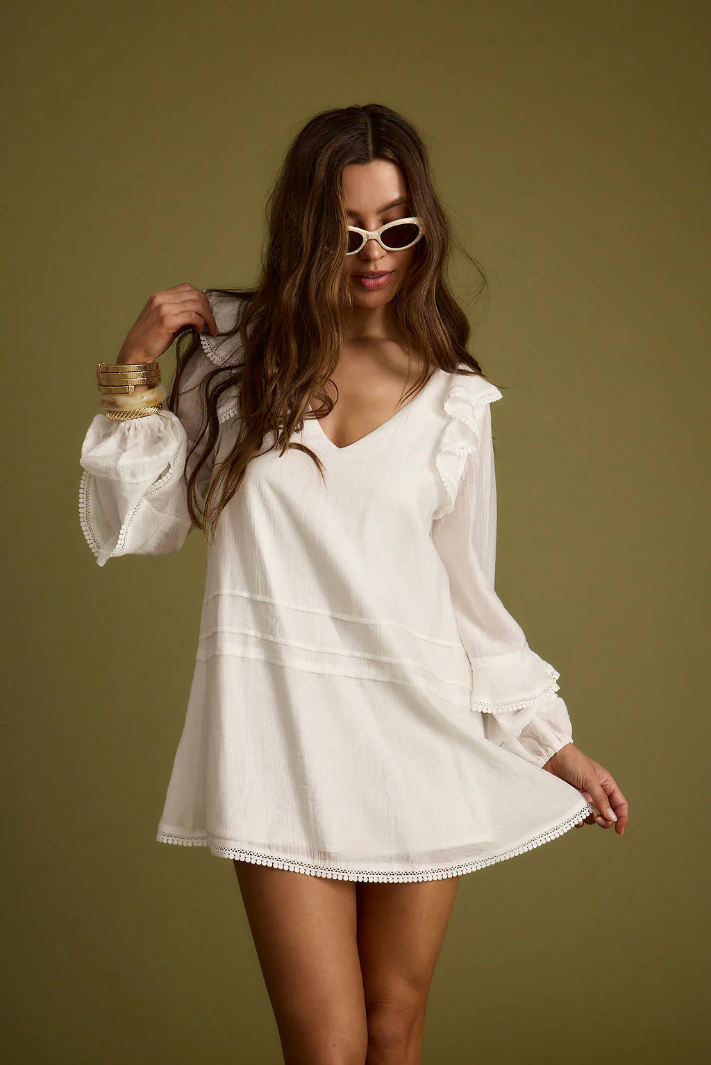 Bound White Long Sleeve Micro Tunic Dress