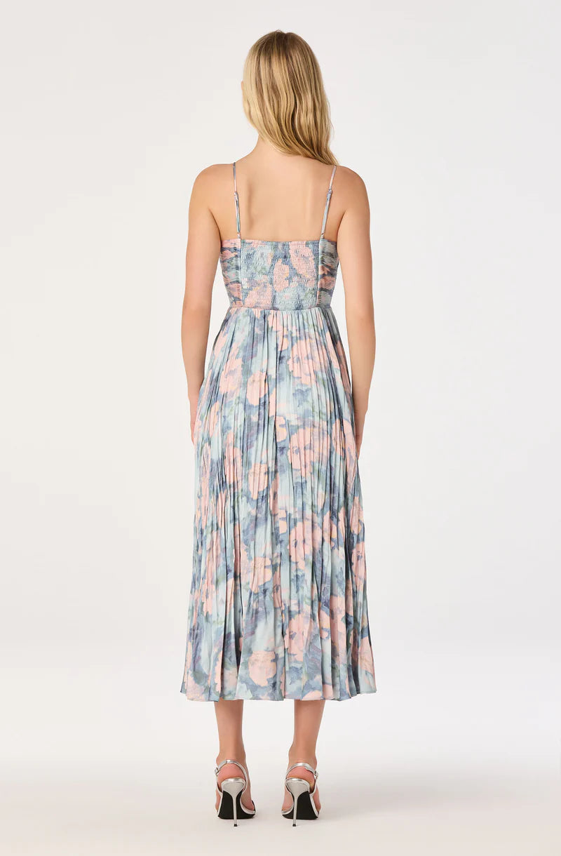 Maeve Floral Pleated Satin Midi Dress-Blue