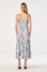 Maeve Floral Pleated Satin Midi Dress-Blue