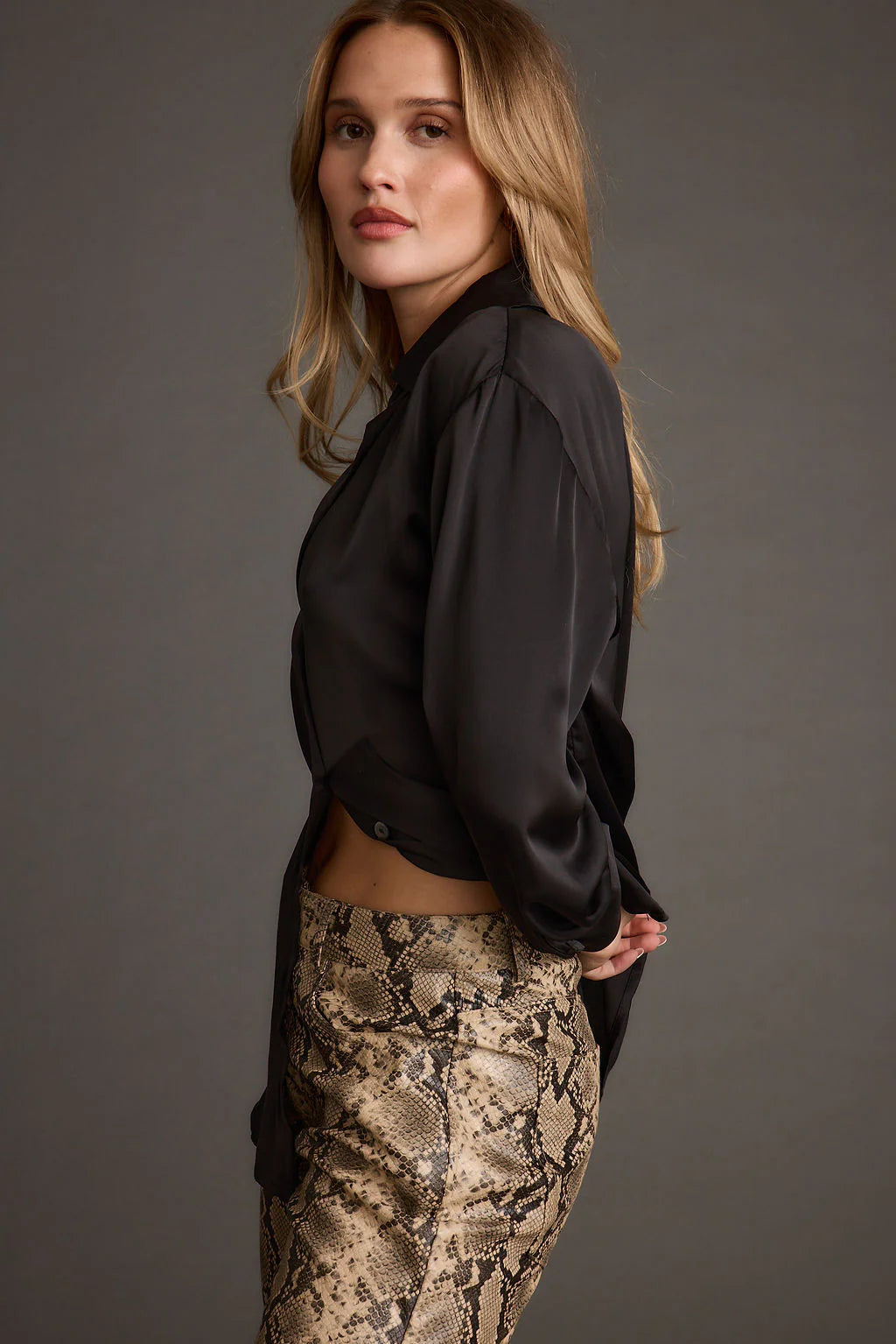 Cash Black Satin Button Down Top