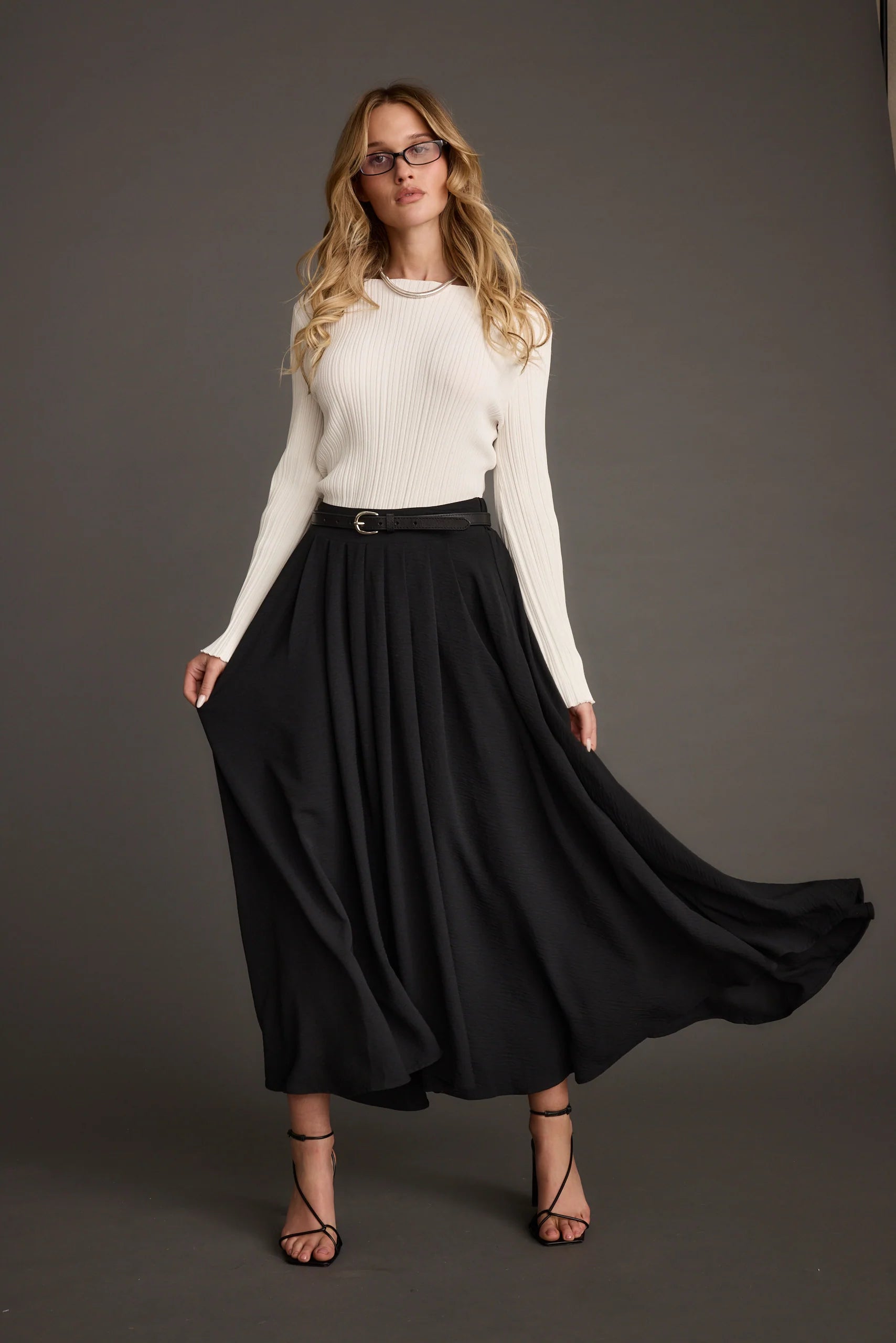 Melinda White Ribbed Knit Bell Sleeve Top