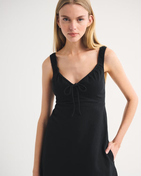Bra-Free Tie-Front Linen-Blend Mini Dress-Black