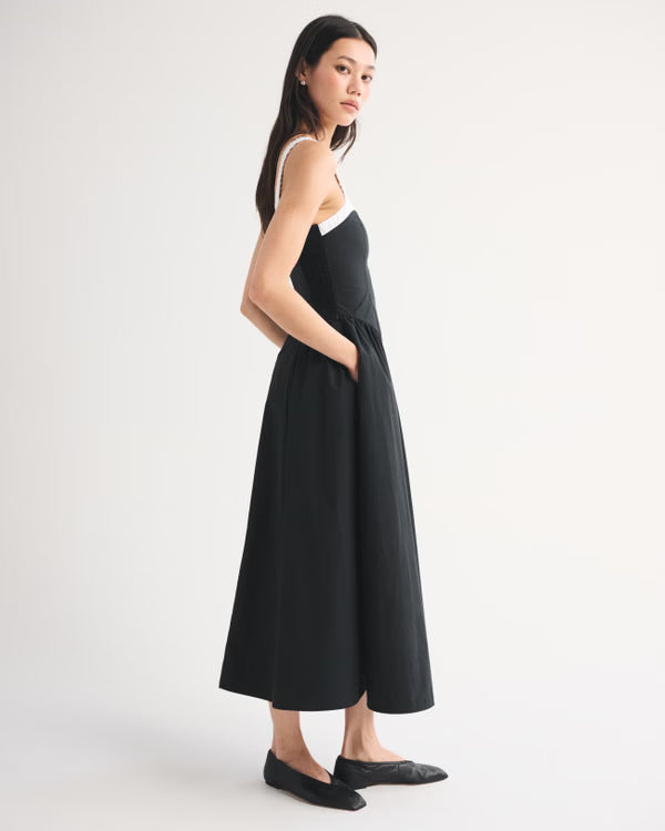 100% Cotton Ruched Neckline Dipped Waist Midi Dress-Black