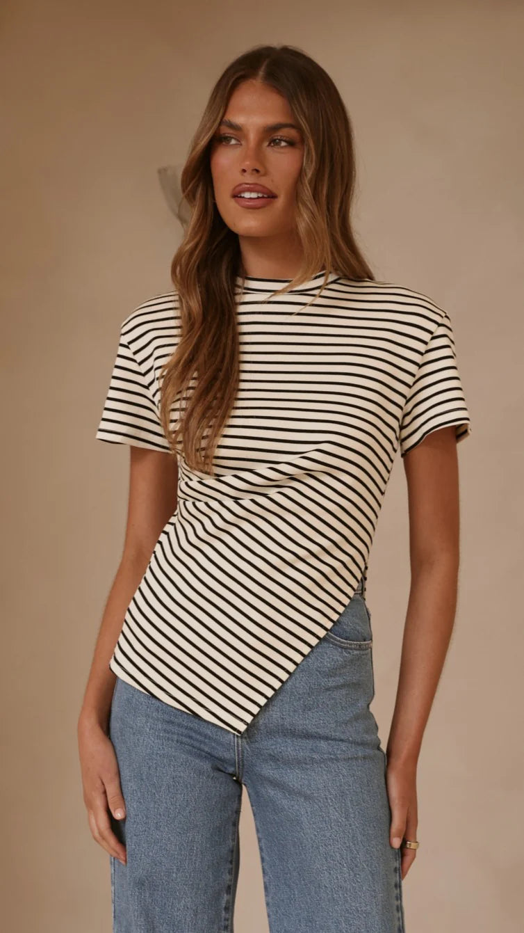Tiarna Side Ruched Tee - Black/White Stripe
