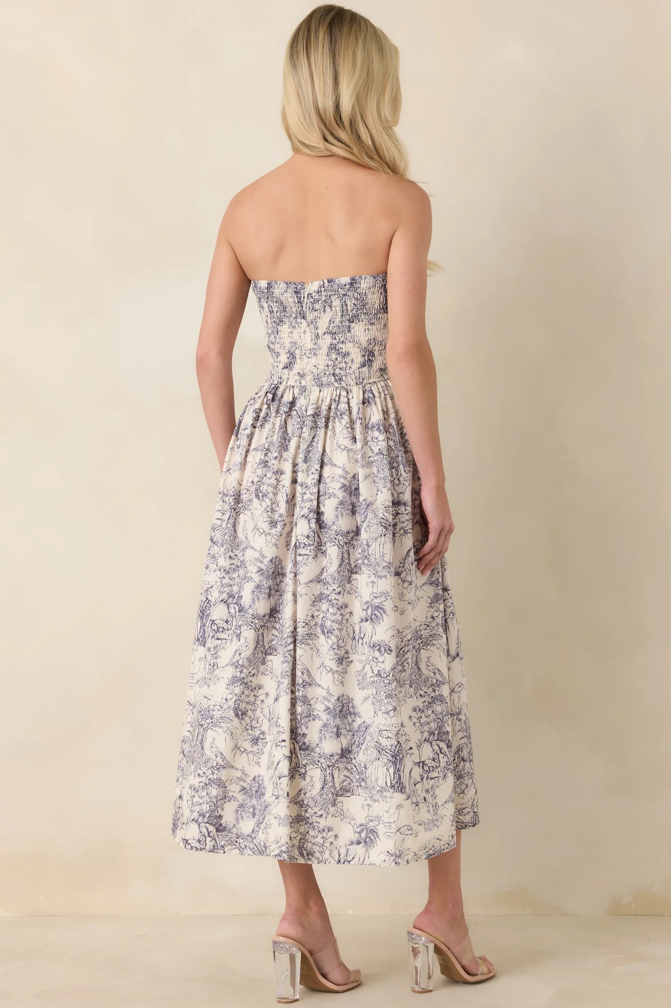 The Genevieve Cotton Navy Blue Toile Strapless Midi Dress