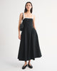 100% Cotton Ruched Neckline Dipped Waist Midi Dress-Black