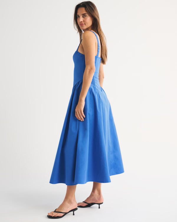 100% Cotton Ruched Neckline Dipped Waist Midi Dress