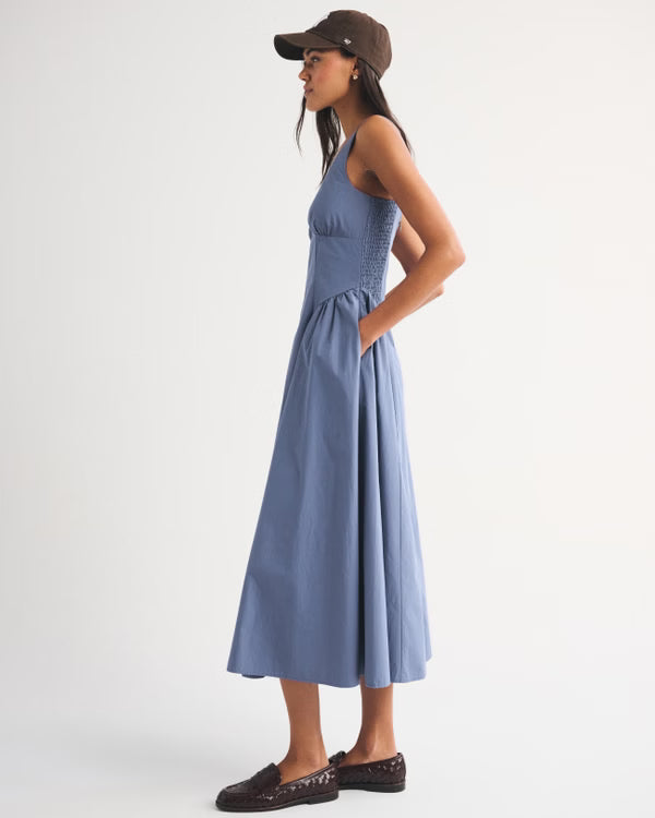 100% Cotton A&F Bra-Free Dylan Midi Dress-Blue Fog