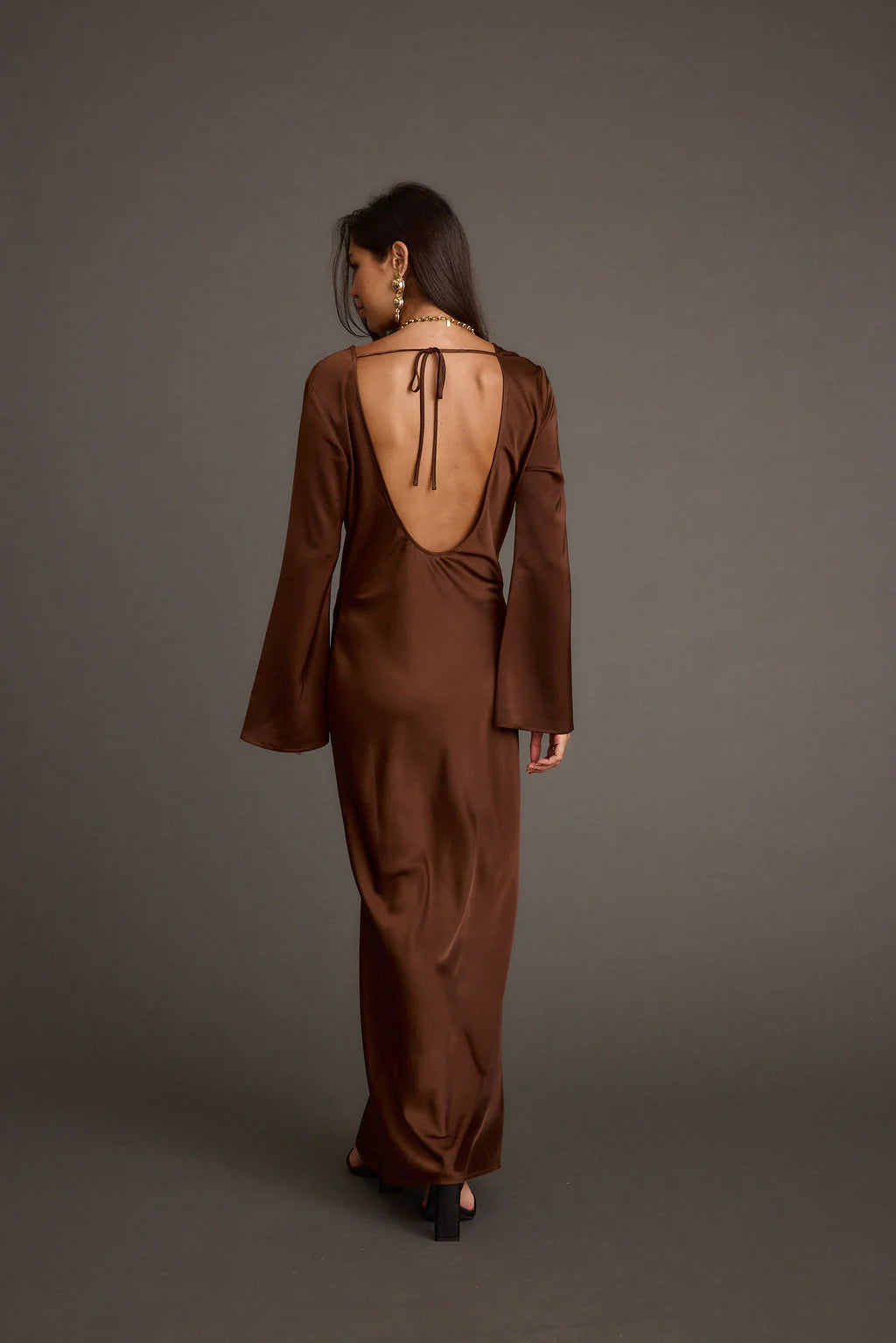 Strokes Mocha Long Sleeve Plunge Satin Maxi Dress