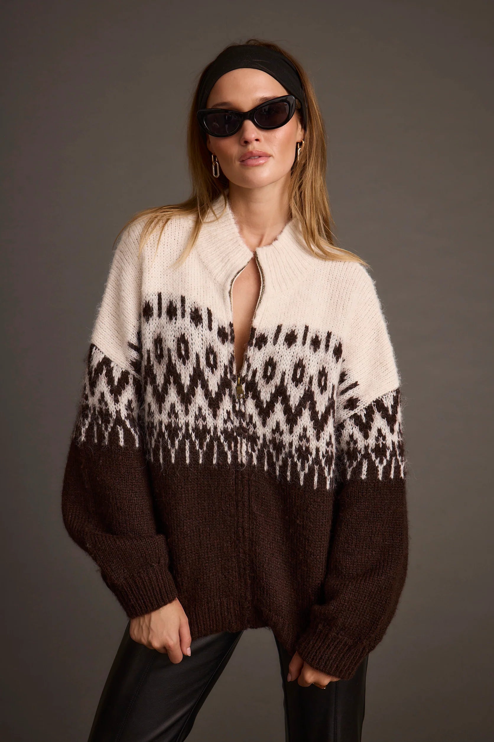 Toddy Espresso and Ivory Zip Up Sweater