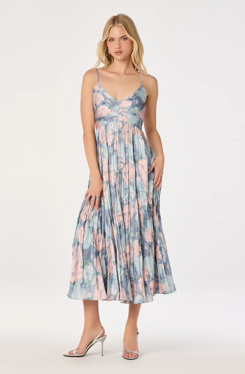 Maeve Floral Pleated Satin Midi Dress-Blue