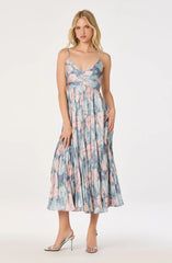 Maeve Floral Pleated Satin Midi Dress-Blue