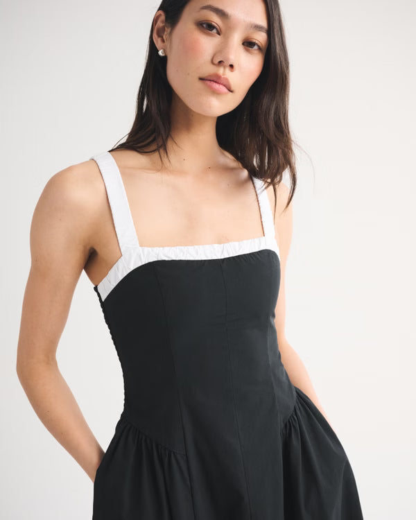 100% Cotton Ruched Neckline Dipped Waist Midi Dress-Black