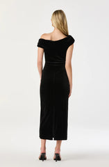 Velvet Off Shoulder Midi Dress-Black