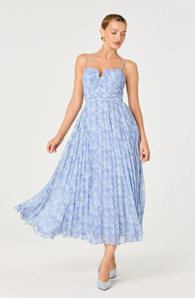 Bayley Floral Pleated Maxi Dress-Blue floral