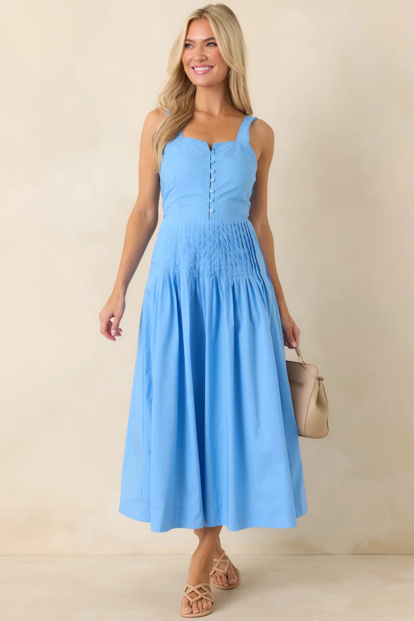 Sunny Stroll Light Blue Cotton Pleated Midi Dress