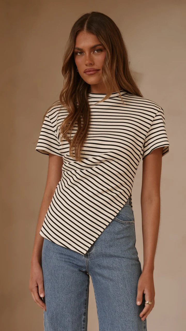 Tiarna Side Ruched Tee - Black/White Stripe
