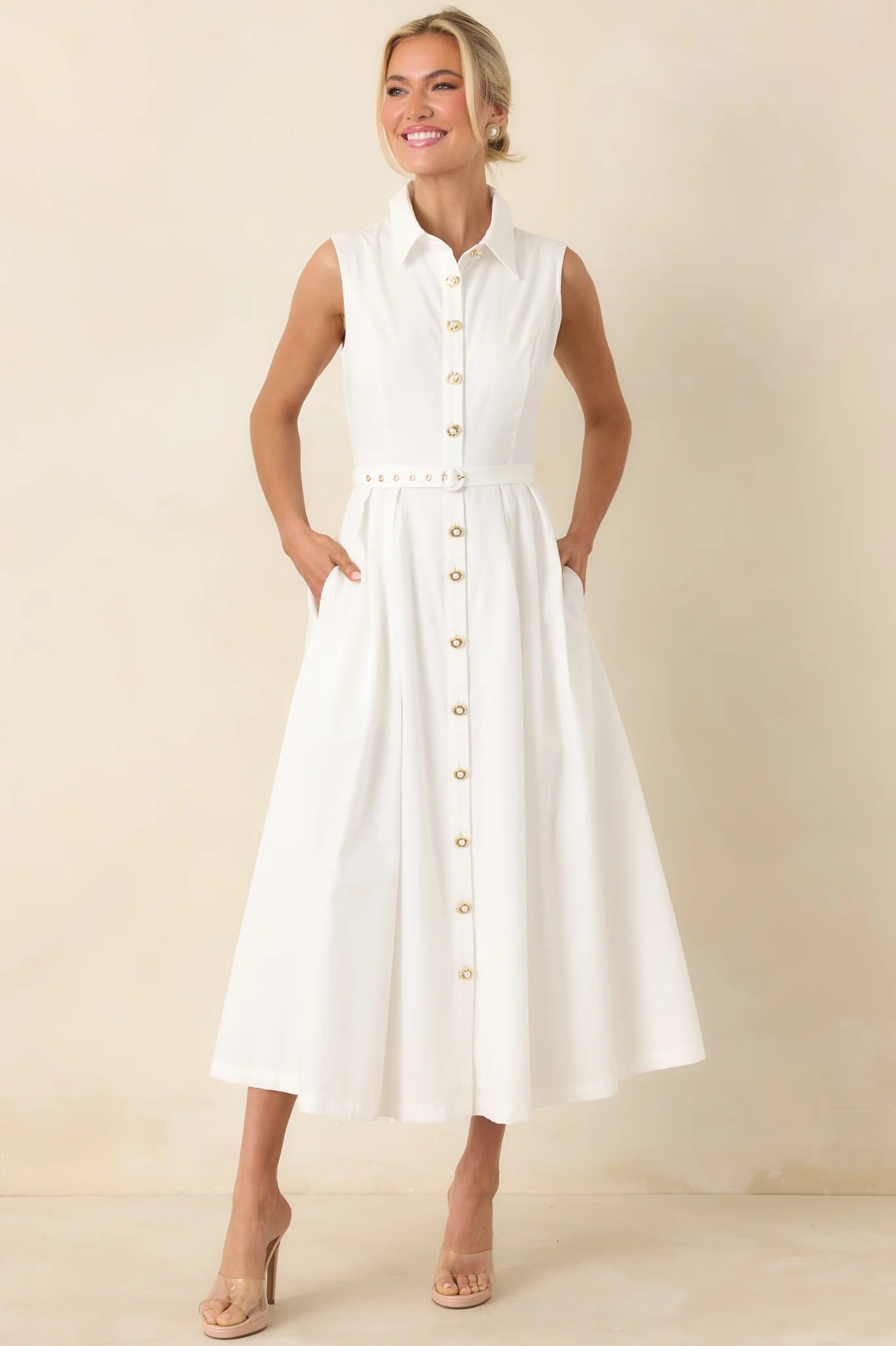 What Can I Say White Cotton Sleeveless Button Front Belted Maxi Dress
