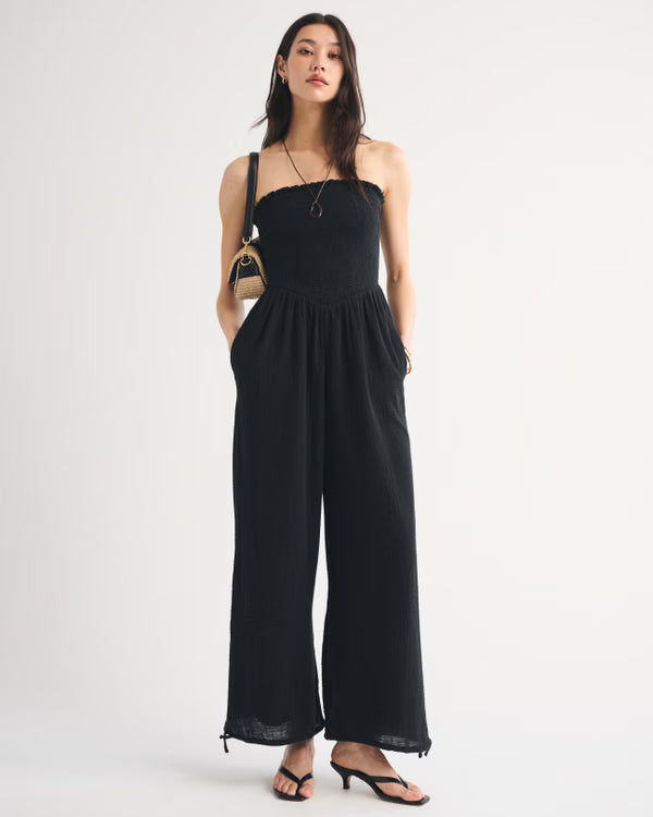 100% Cotton A&F Sydney Smocked Strapless Balloon Leg Jumpsuit-Black
