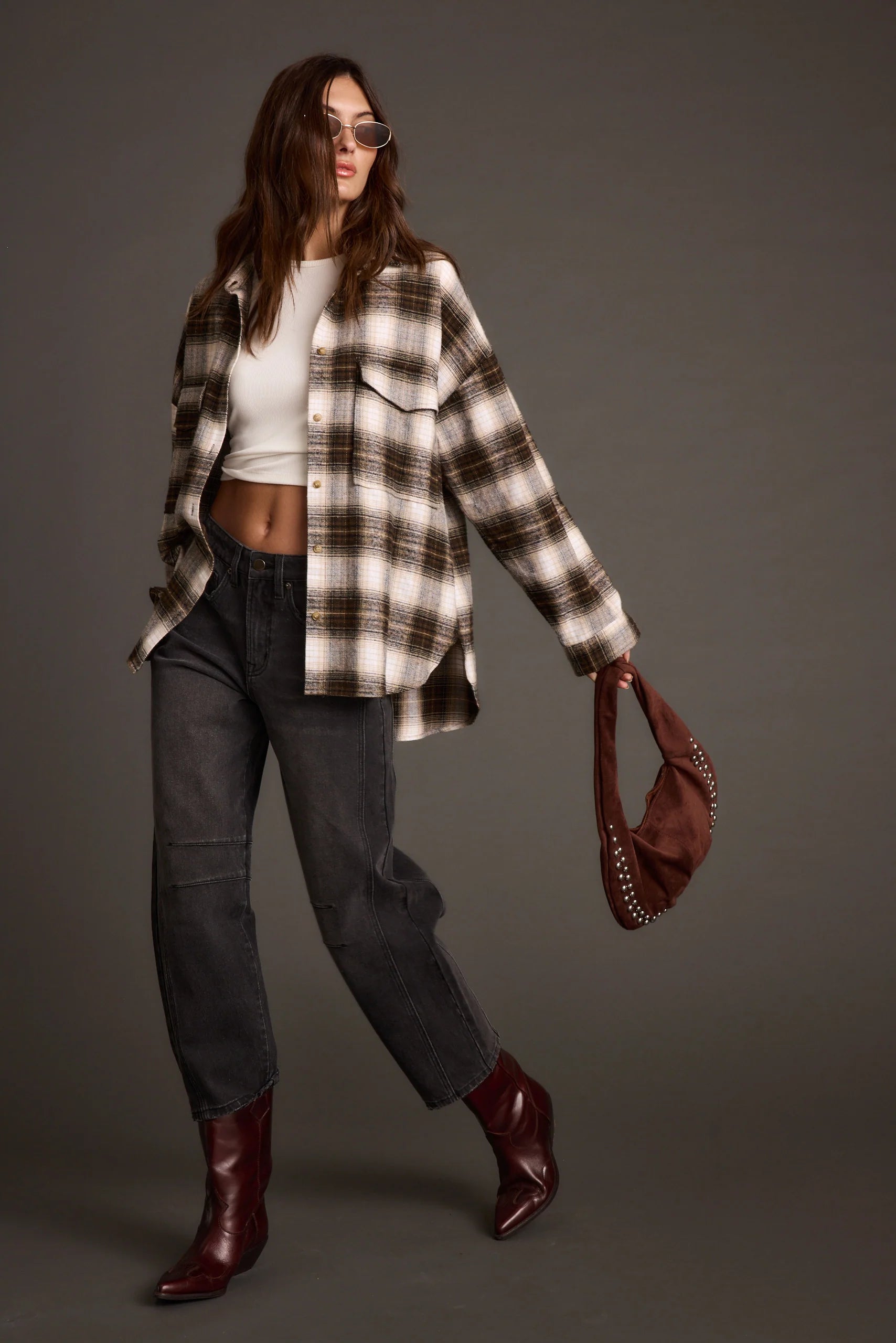 Emery Mocha Studded Faux Suede Bag