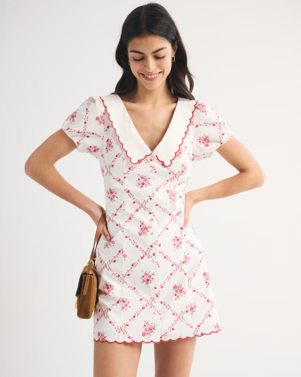 Short-Sleeve Collared Mini Dress-White Floral