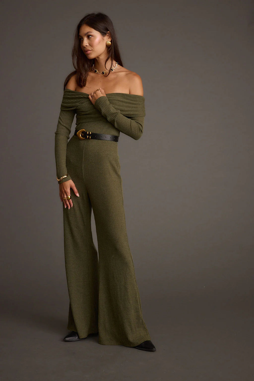 Greenwich Olive Knit Off The Shoulder Jumpsuit