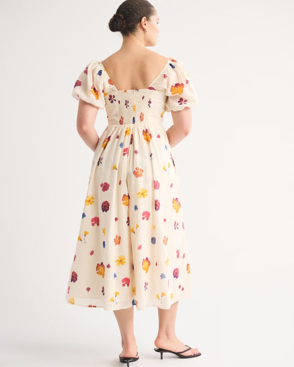 A&F Emerson Puff Sleeve Midi Dress-Cream Print