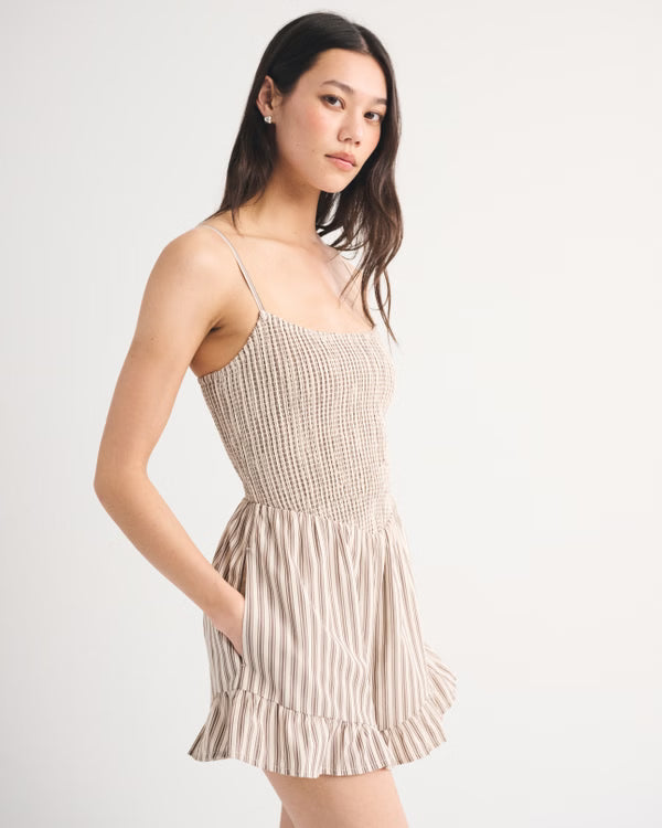 A&F Sydney Smocked Dipped-Waist Romper-Brown Stripe