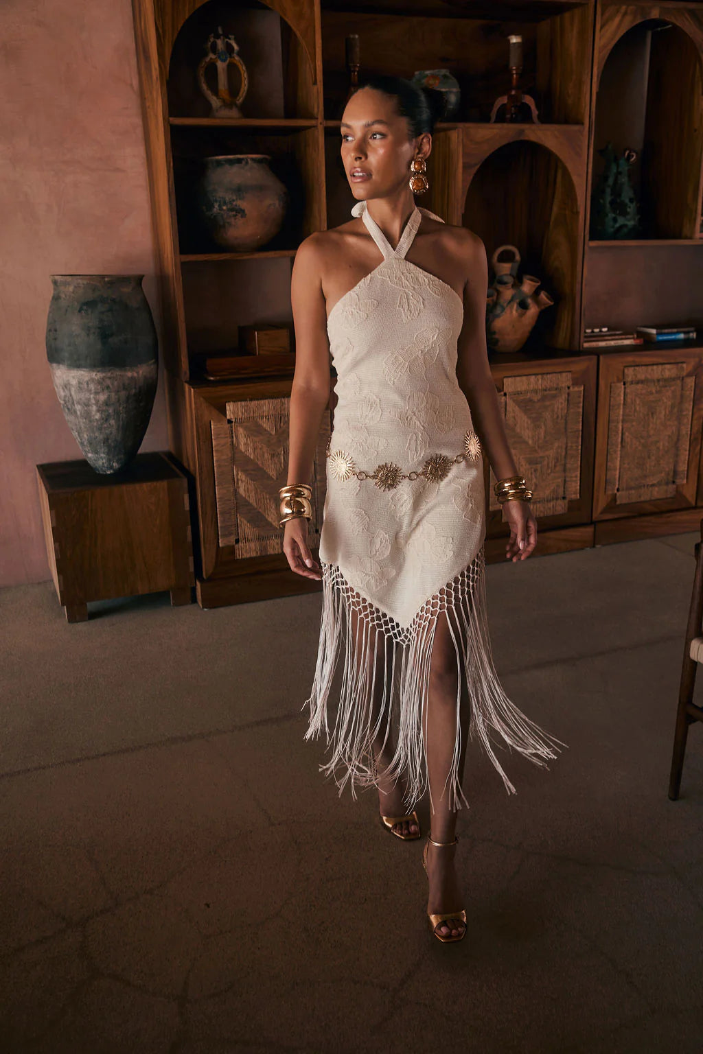 Fontaine Ivory Jacquard Fringe Midi Dress