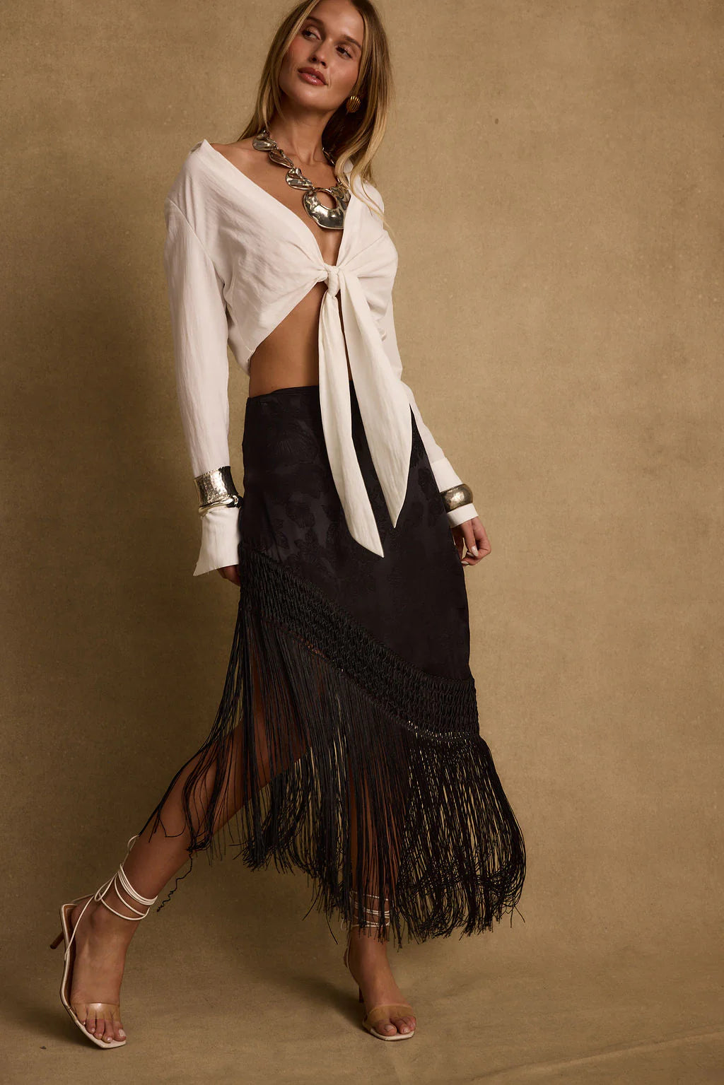 Frankie Black Satin Jacquard Fringe Midi Skirt
