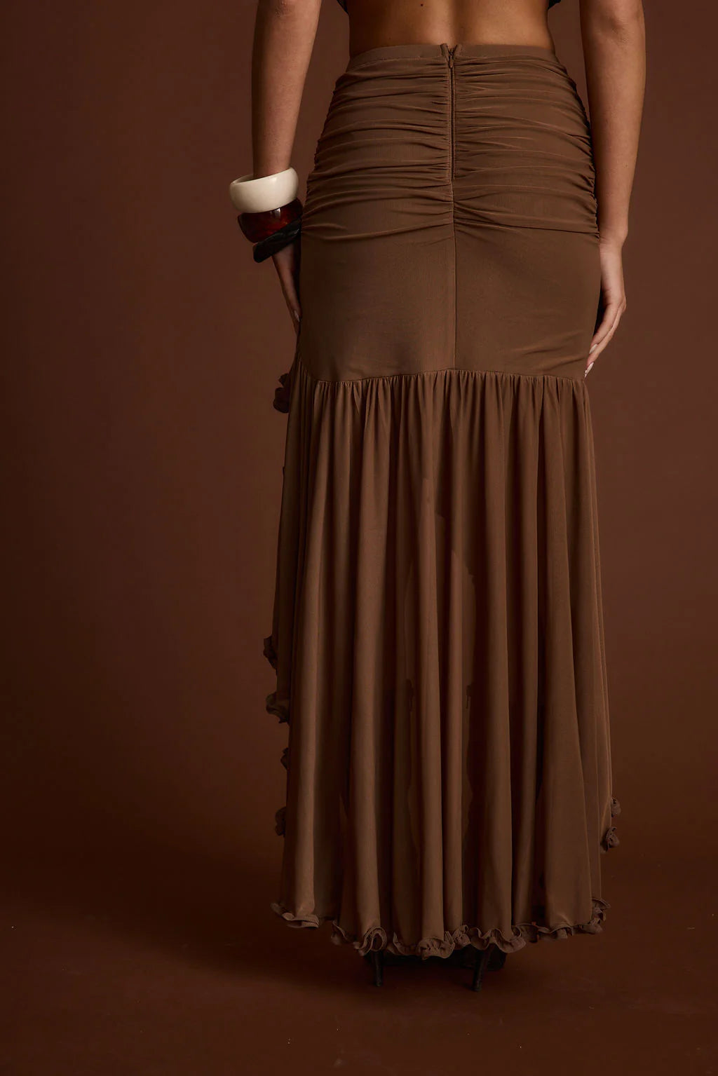 Evanna Brown High Low Ruffle Mesh Maxi Skirt