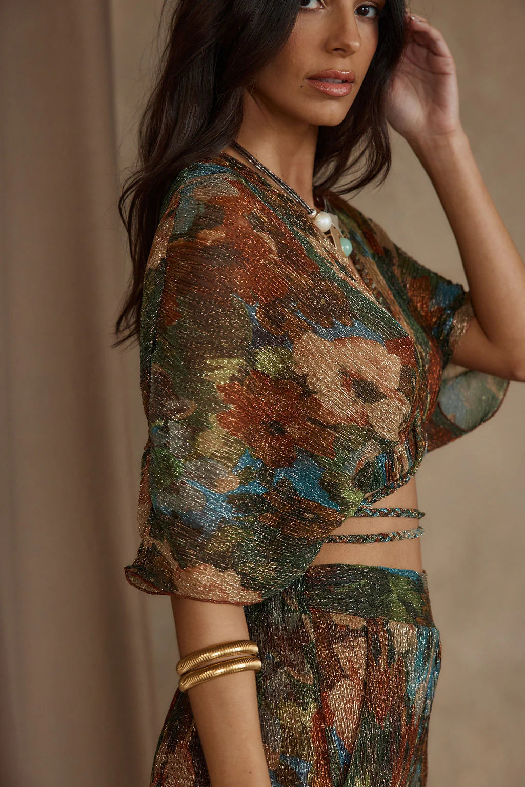 Kaia Multicolor Metallic Floral Crop Top