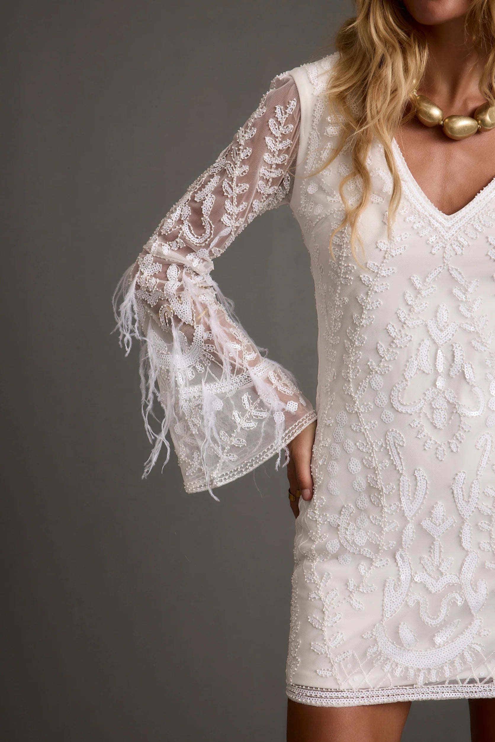 Larisa White Printed Sequin Long Sleeve Dress