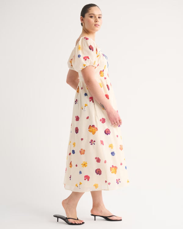 A&F Emerson Puff Sleeve Midi Dress-Cream Print